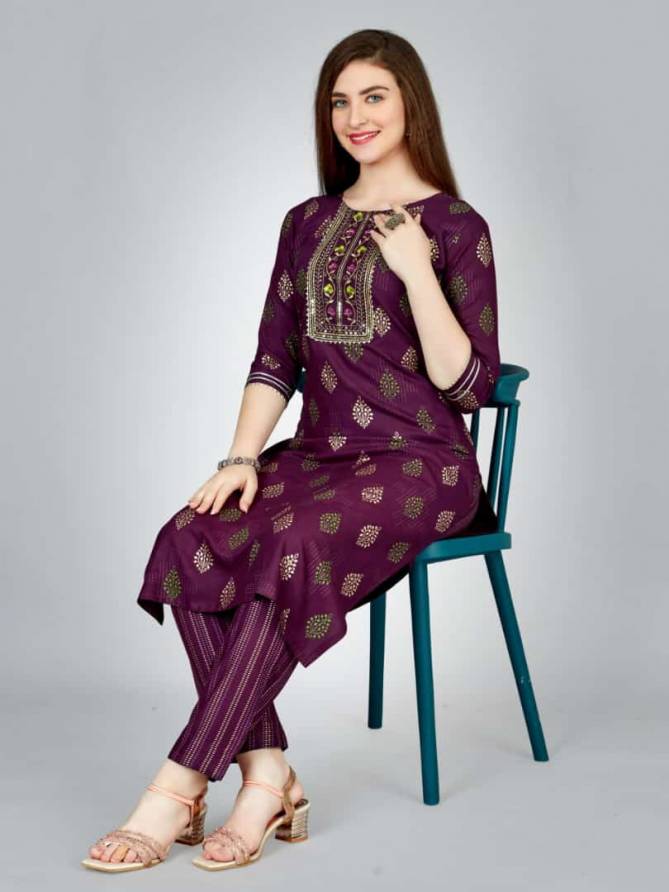 Radhika 1 Heavy Rayon Foil Printed Embroidery Kurti With Bottom Wholesale Shop In Surat
